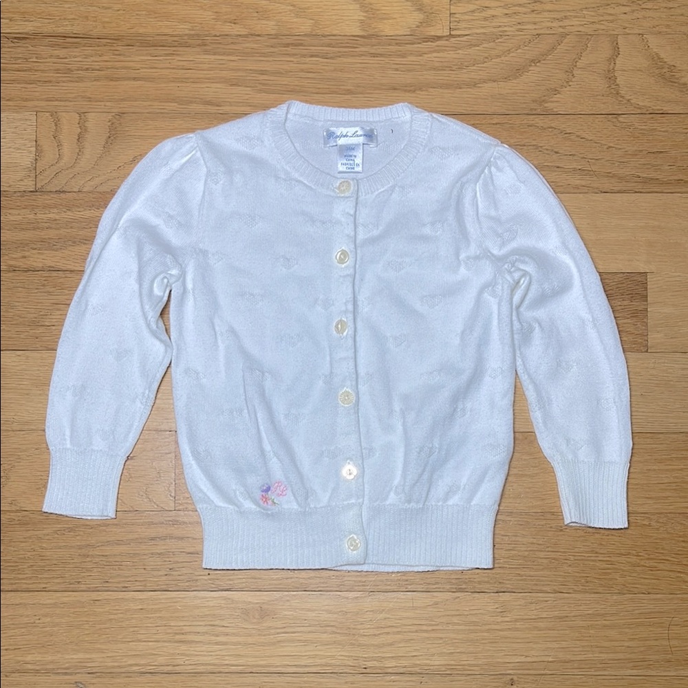 RALPH LAUREN VGUC Basic White Pointelle Heart Knit Cardigan